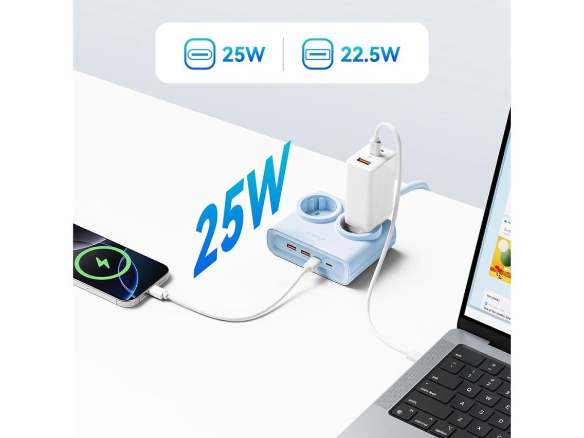 Orico PDC25 25W 6in1 Power Strip 2x AC + 2x USB-A + 2x USB-C - Blue