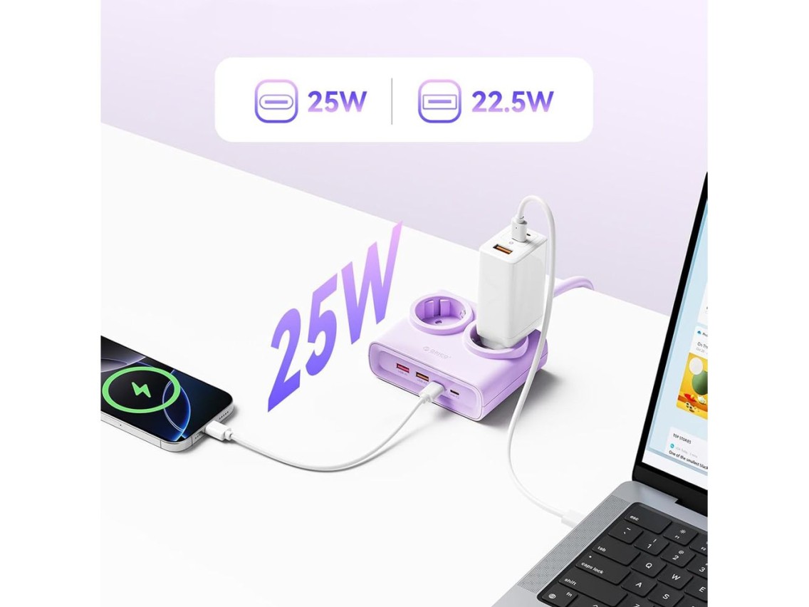 Orico PDC25 25W 6in1 Power Strip 2x AC + 2x USB-A + 2x USB-C - Purple
