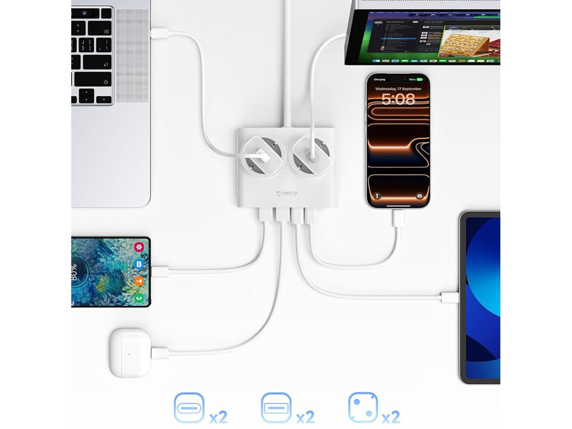 Régua de tomadas Orico PDC25 25W 6 em 1: 2x AC + 2x USB-A + 2x USB-C - Branca