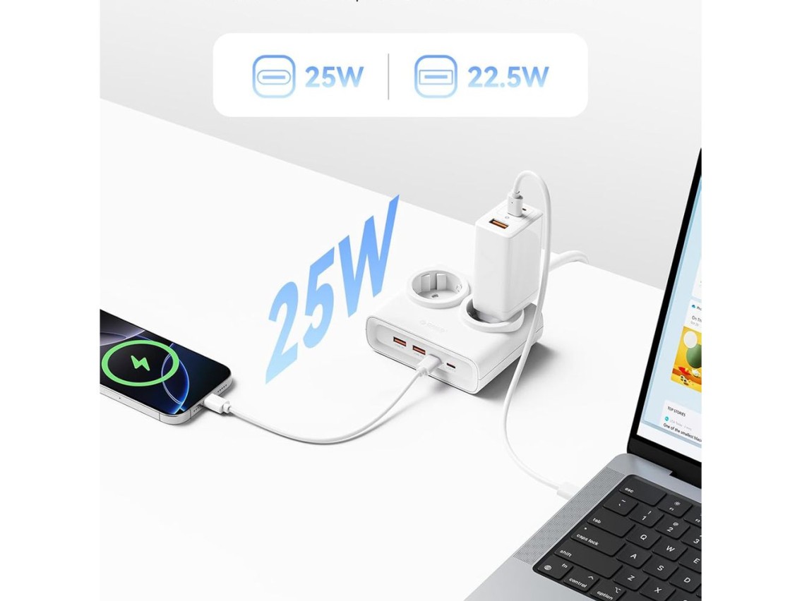Régua de tomadas Orico PDC25 25W 6 em 1: 2x AC + 2x USB-A + 2x USB-C - Branca