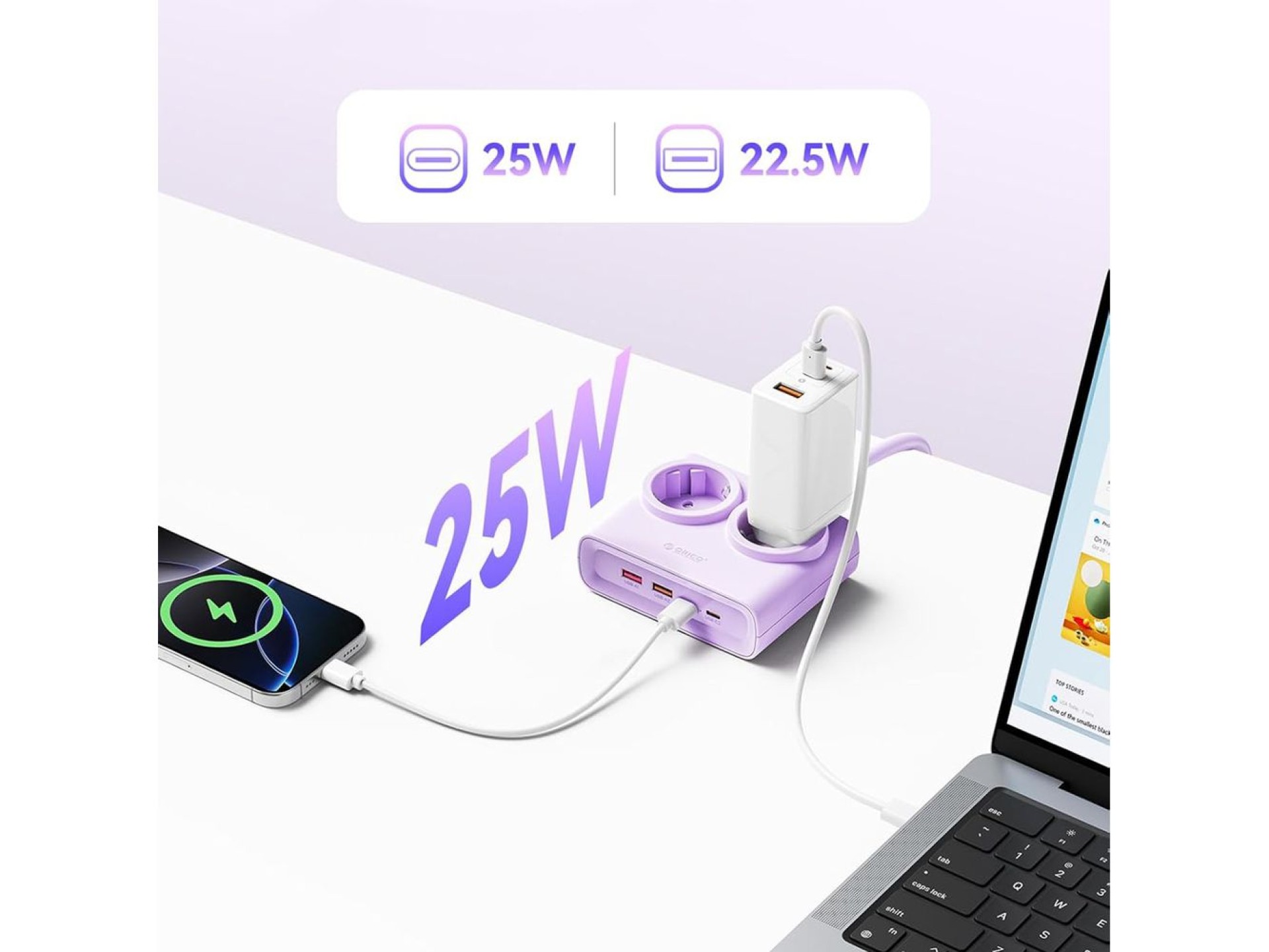 Orico PDC25 25W 6in1 Power Strip 2x AC + 2x USB-A + 2x USB-C - Purple