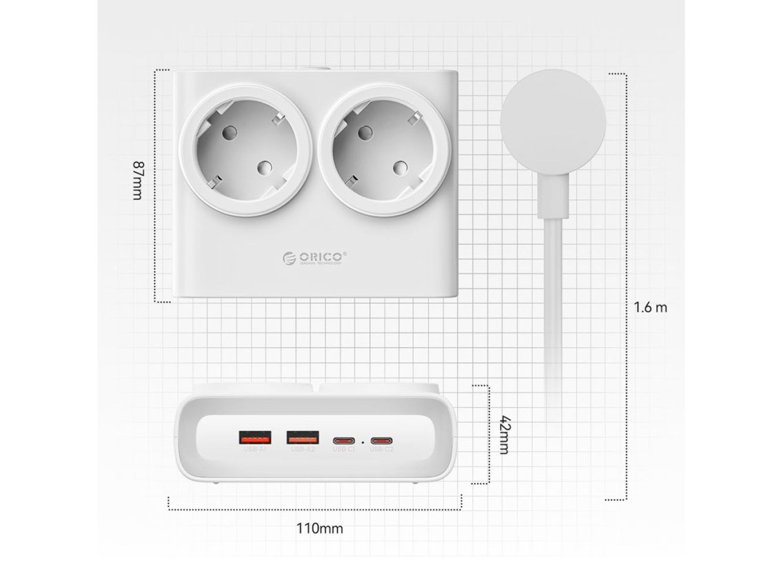 Régua de tomadas Orico PDC25 25W 6 em 1: 2x AC + 2x USB-A + 2x USB-C - Branca