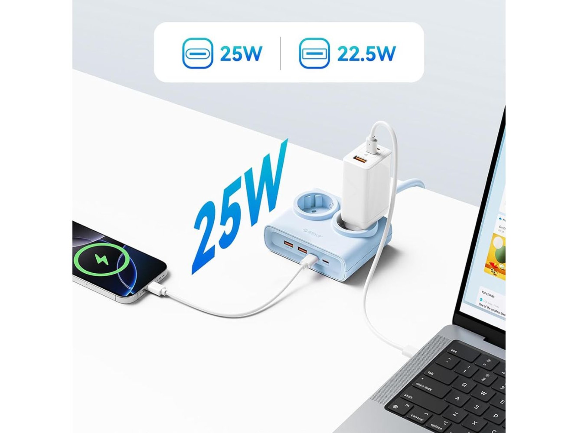Orico PDC25 25W 6in1 Power Strip 2x AC + 2x USB-A + 2x USB-C - Blue