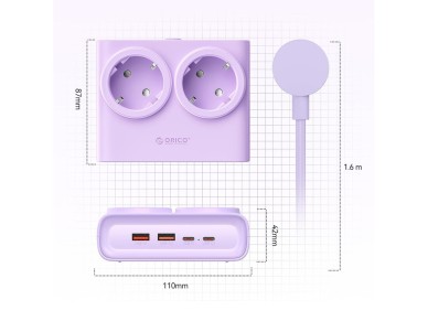 Régua de energia Orico PDC25 25W 6 em 1: 2 tomadas AC + 2 portas USB-A + 2 portas USB-C - Roxa Régua de energia Orico PDC25 25W 6 em 1: 2 tomadas AC + 2 portas USB-A + 2 portas USB-C - Roxa