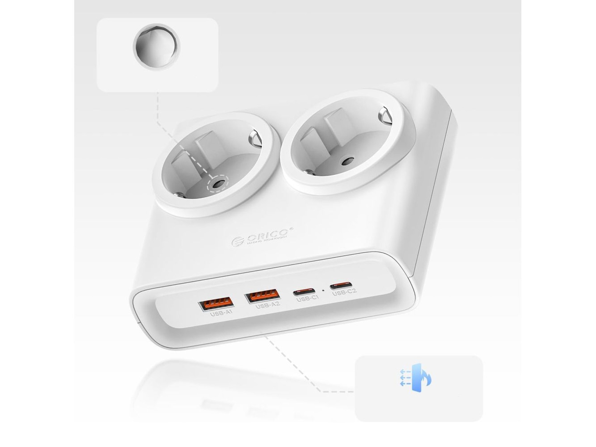 Régua de tomadas Orico PDC25 25W 6 em 1: 2x AC + 2x USB-A + 2x USB-C - Branca