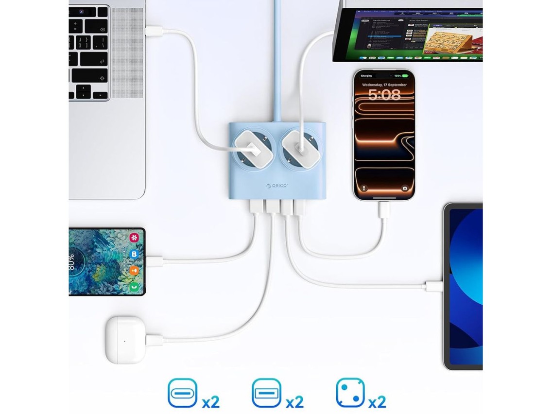 Orico PDC25 25W 6in1 Power Strip 2x AC + 2x USB-A + 2x USB-C - Blue