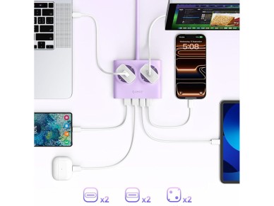 Régua de energia Orico PDC25 25W 6 em 1: 2 tomadas AC + 2 portas USB-A + 2 portas USB-C - Roxa Régua de energia Orico PDC25 25W 6 em 1: 2 tomadas AC + 2 portas USB-A + 2 portas USB-C - Roxa