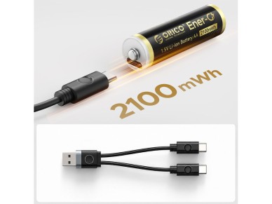 Bateria de l�tio Orico Ener-G EG5C 1,5V 2100mWh AA recarreg�vel via USB-C com cabo de carregamento (