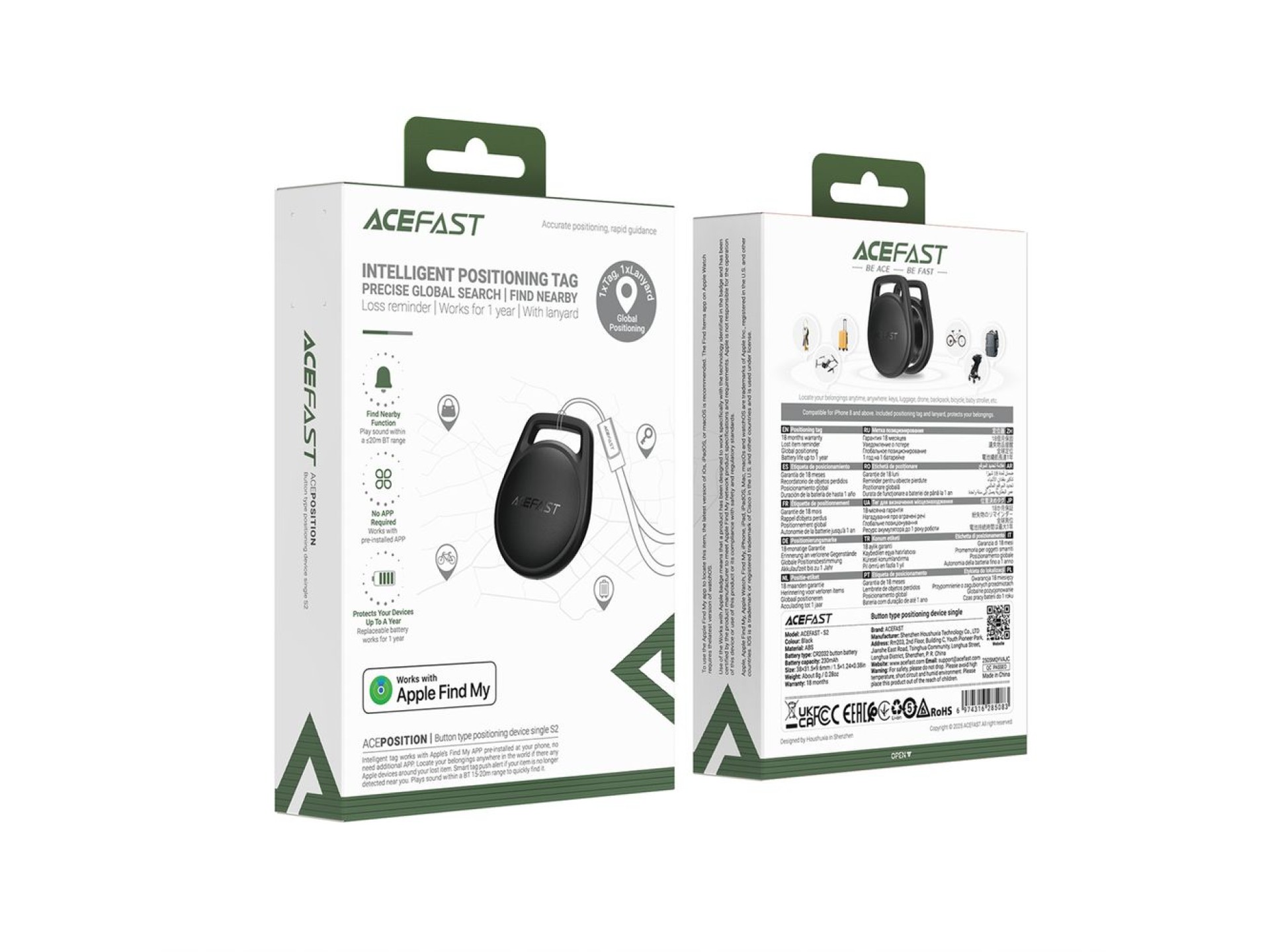 Acefast S2 Bluetooth Locator Compatible with Apple Find My - Black