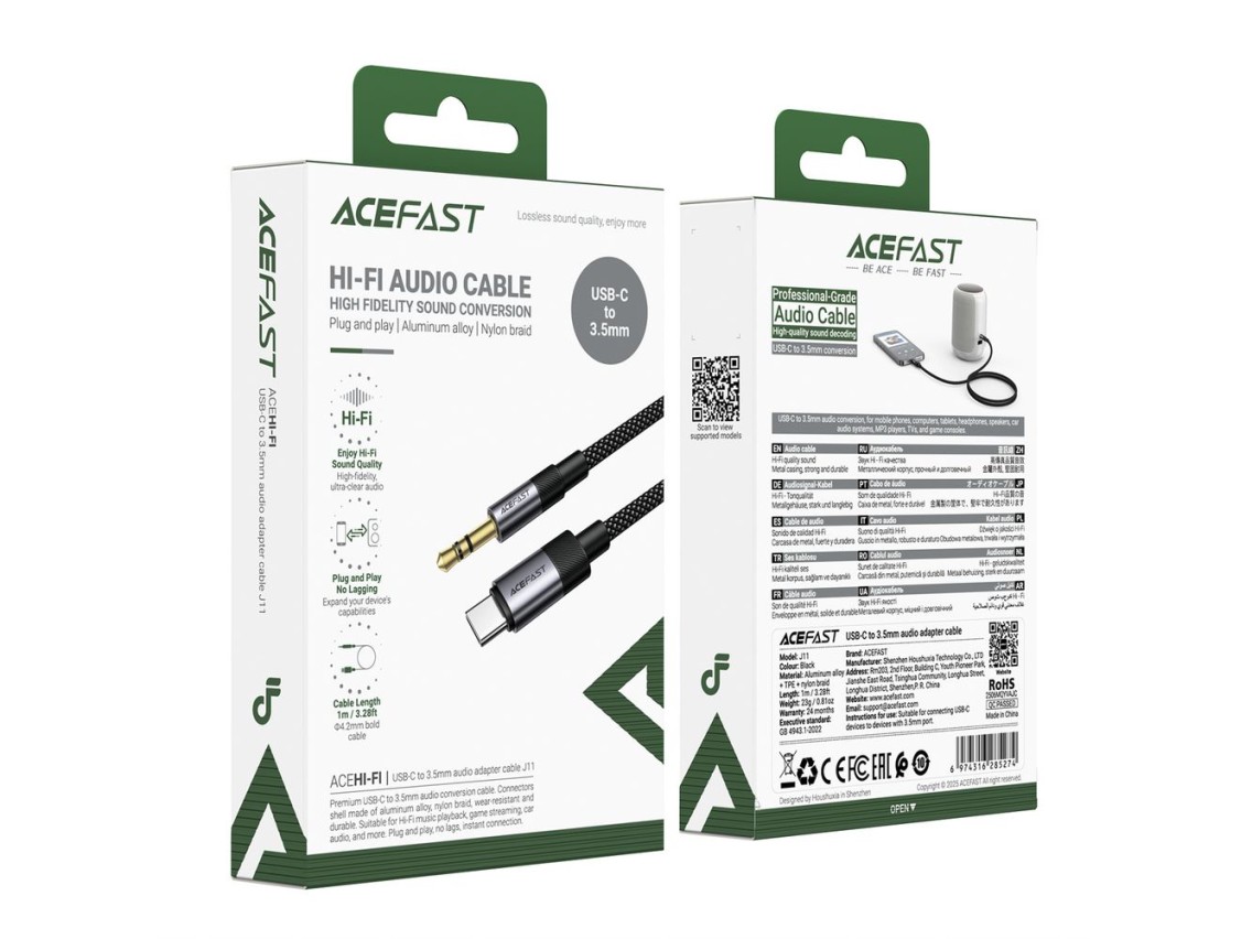Cable Acefast J11 USB-C a mini jack de 3,5 mm, 1 m - negro