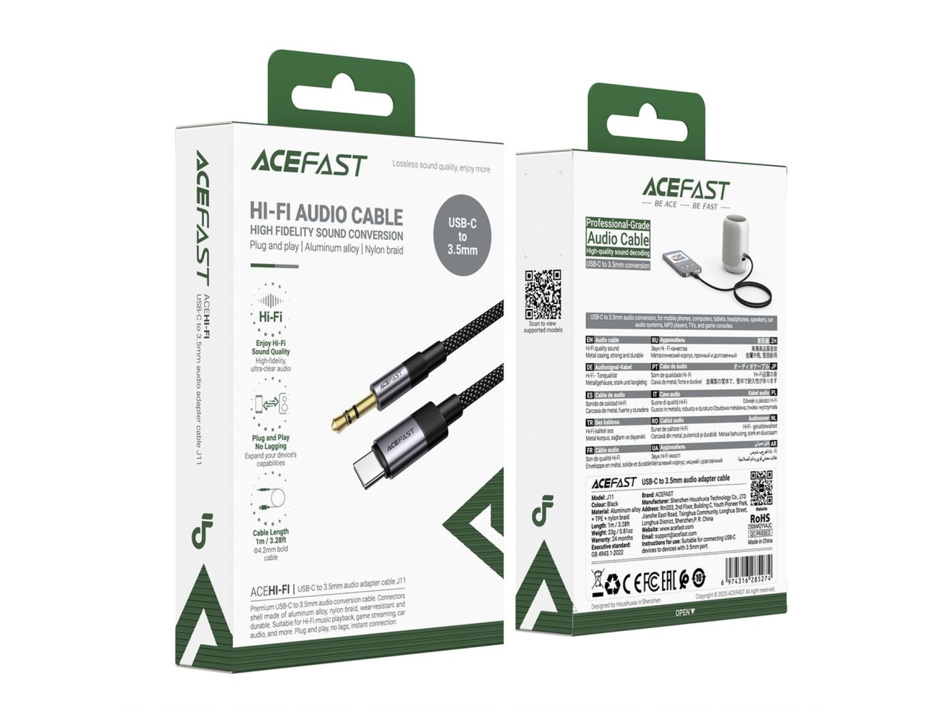 Cable Acefast J11 USB-C a mini jack de 3,5 mm, 1 m - negro