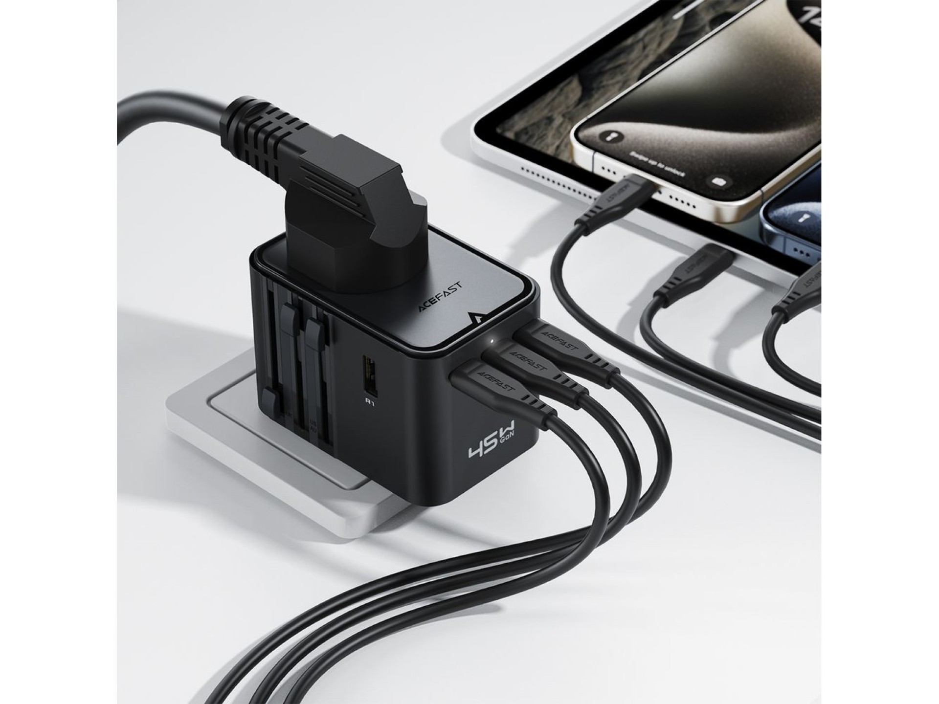 Adaptador de viagem Acefast Z8 GaN 45W com 3 portas USB-C + 2 portas USB-A e tomada CA de 2500W - Pr