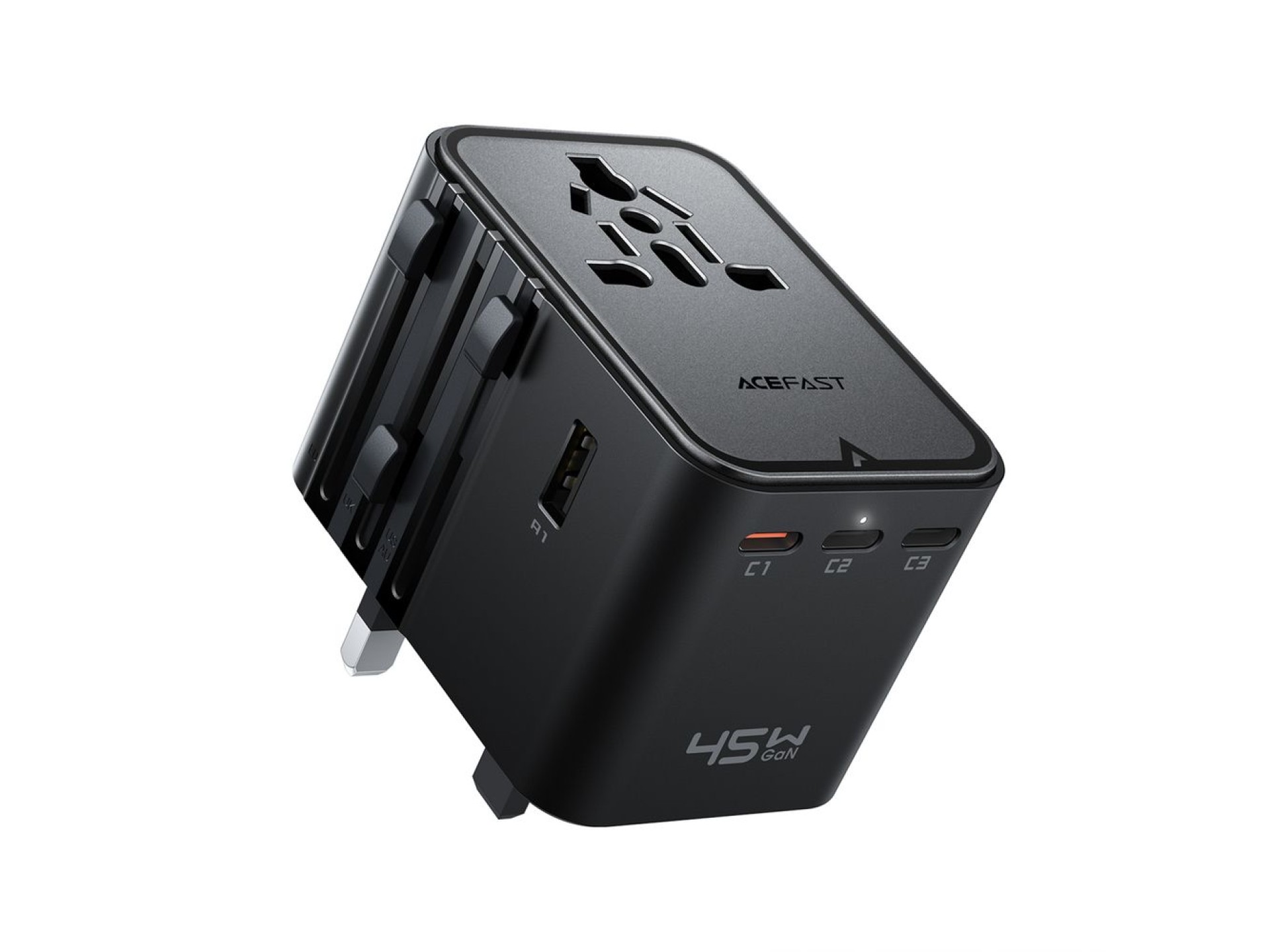 Adaptador de viagem Acefast Z8 GaN 45W com 3 portas USB-C + 2 portas USB-A e tomada CA de 2500W - Pr