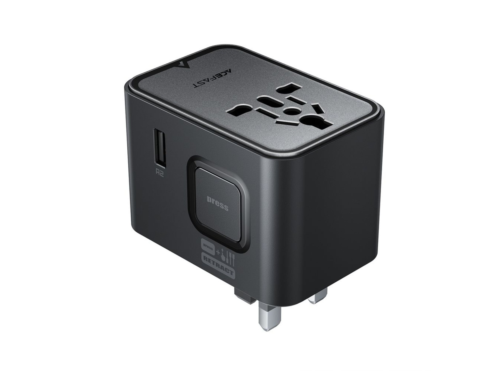 Adaptador de viagem Acefast Z8 GaN 45W com 3 portas USB-C + 2 portas USB-A e tomada CA de 2500W - Pr