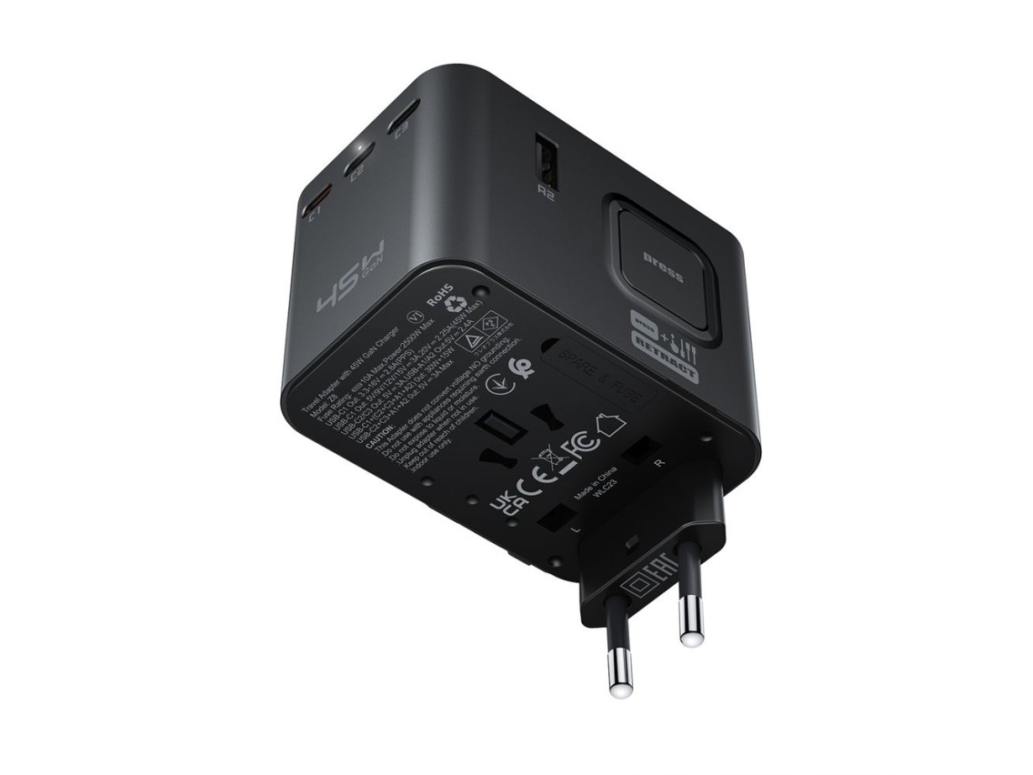 Adaptador de viagem Acefast Z8 GaN 45W com 3 portas USB-C + 2 portas USB-A e tomada CA de 2500W - Pr
