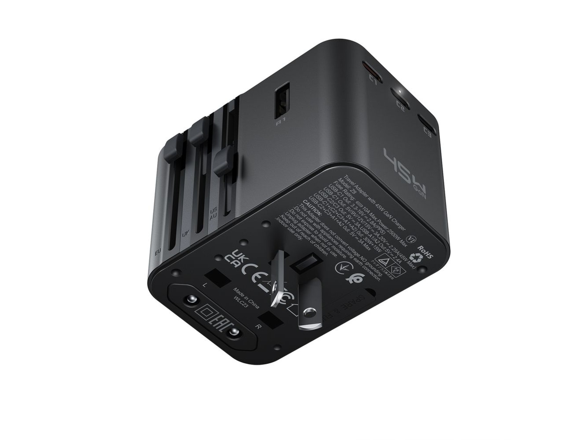 Adaptador de viagem Acefast Z8 GaN 45W com 3 portas USB-C + 2 portas USB-A e tomada CA de 2500W - Pr
