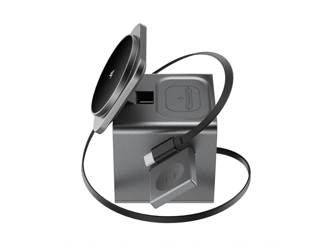 Acefast E34 22.5W 3-in-1 inductive charger with built-in cable for smartphone and smartwatch - gray