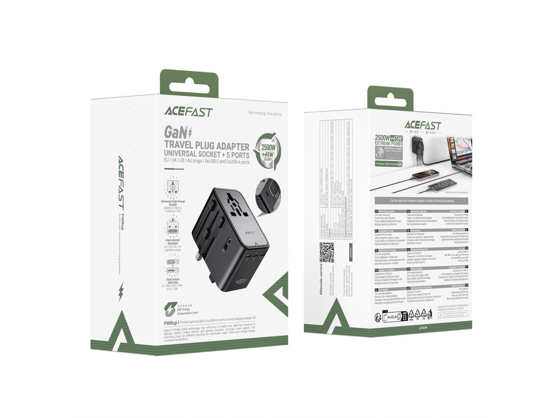 Adaptador de viagem Acefast Z8 GaN 45W com 3 portas USB-C + 2 portas USB-A e tomada CA de 2500W - Pr