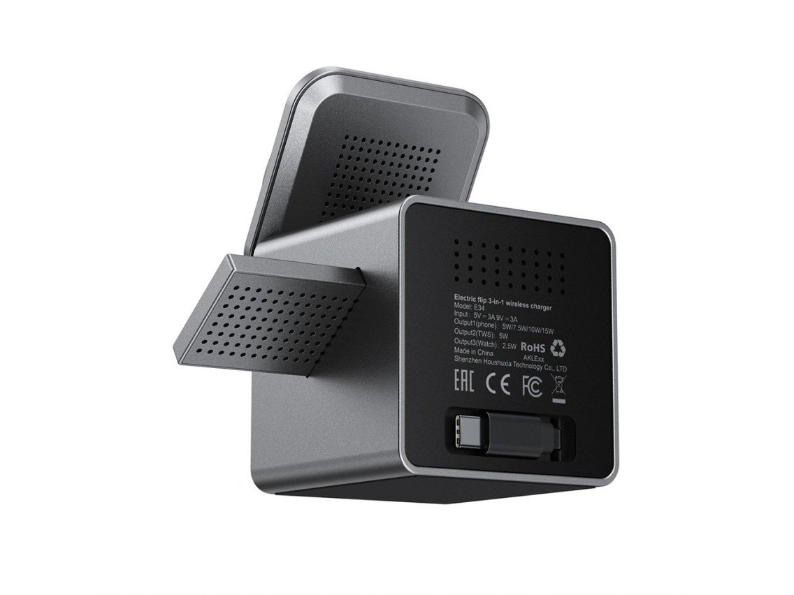 Acefast E34 22.5W 3-in-1 inductive charger with built-in cable for smartphone and smartwatch - gray