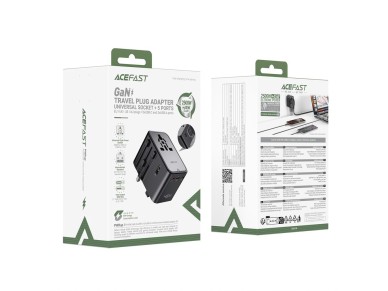 Adaptador de viagem Acefast Z8 GaN 45W com 3 portas USB-C + 2 portas USB-A e tomada CA de 2500W - Pr