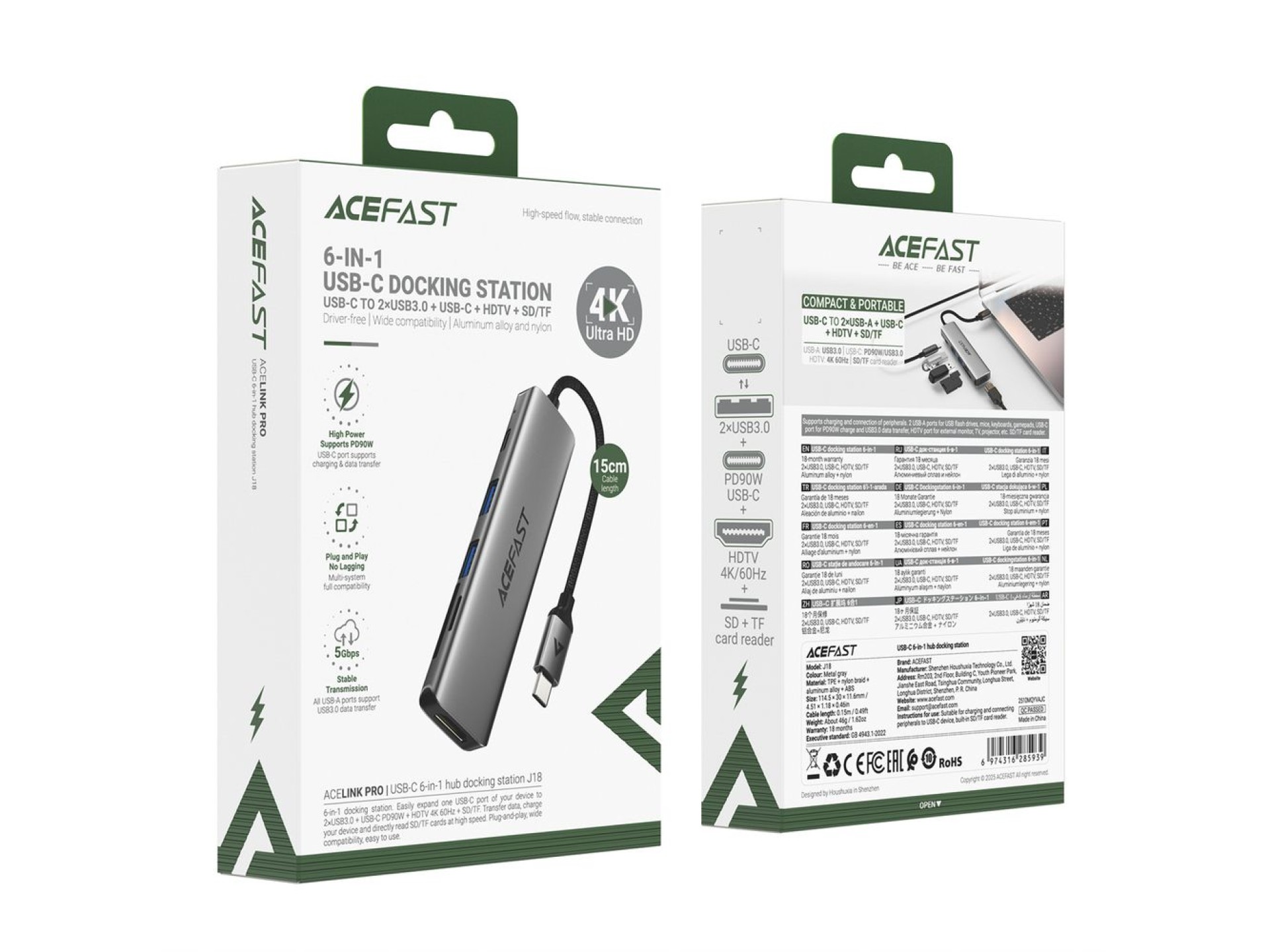 Acefast J18 USB Hub USB-C 6 en 1 HDMI 4K 60Hz PD90W Estación de acoplamiento - Gris