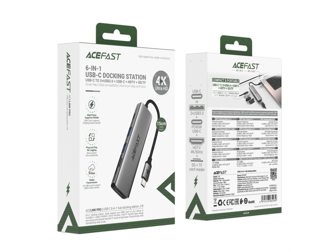 Acefast J18 USB Hub USB-C 6 en 1 HDMI 4K 60Hz PD90W Estación de acoplamiento - Gris