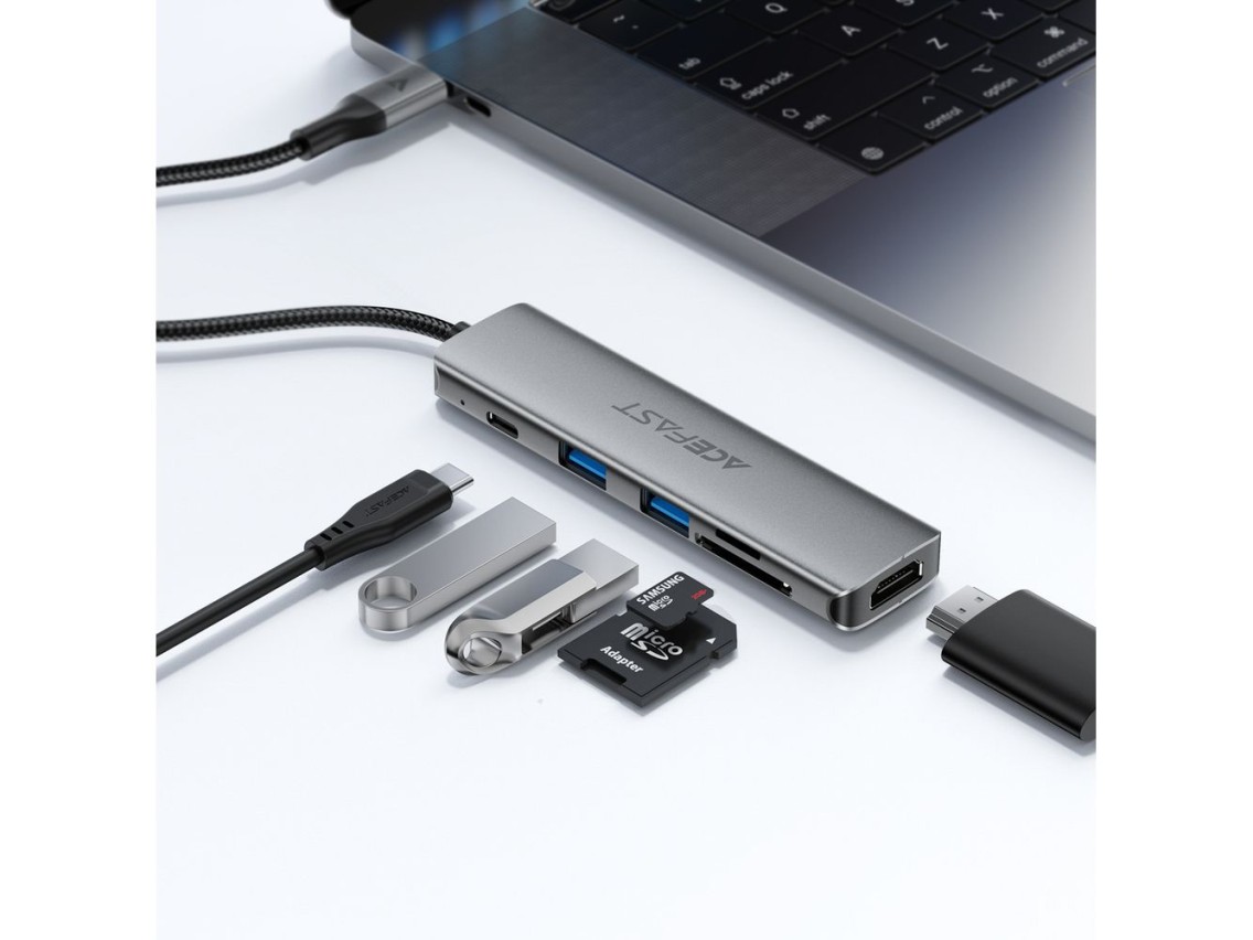 Acefast J18 USB Hub USB-C 6 en 1 HDMI 4K 60Hz PD90W Estación de acoplamiento - Gris