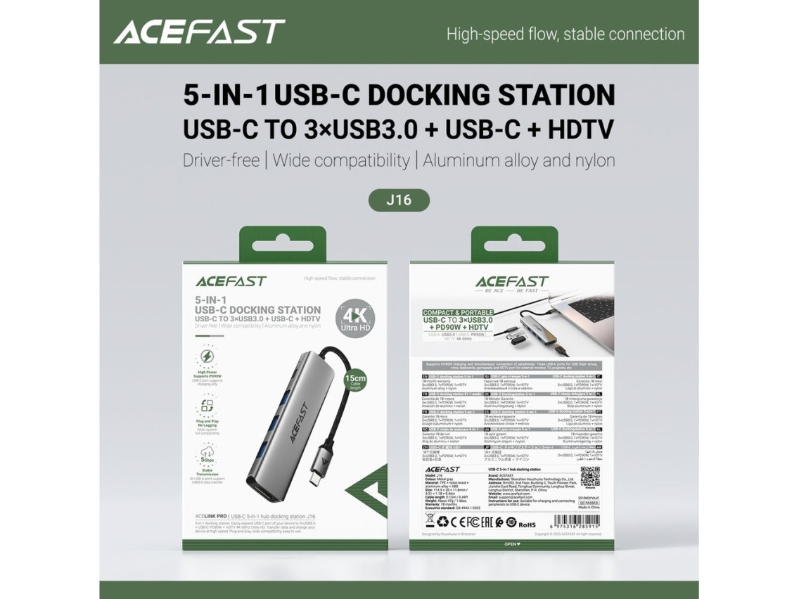 Acefast J16 USB Hub USB-C 5 en 1 HDMI 4K 60Hz PD90W Estación de acoplamiento - Gris