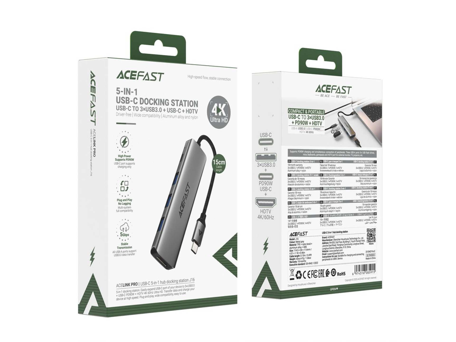 Acefast J16 USB Hub USB-C 5 en 1 HDMI 4K 60Hz PD90W Estación de acoplamiento - Gris