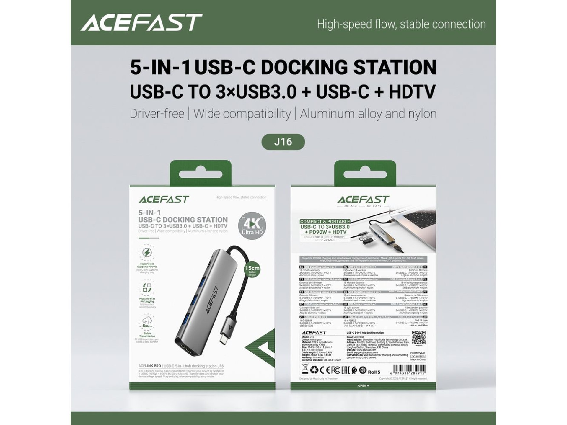 Acefast J16 USB Hub USB-C 5 en 1 HDMI 4K 60Hz PD90W Estación de acoplamiento - Gris