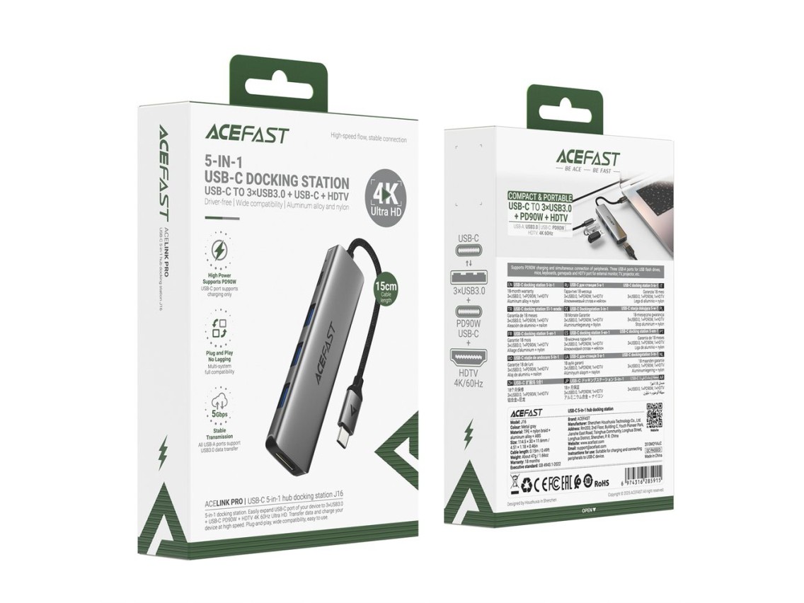 Acefast J16 USB Hub USB-C 5 en 1 HDMI 4K 60Hz PD90W Estación de acoplamiento - Gris
