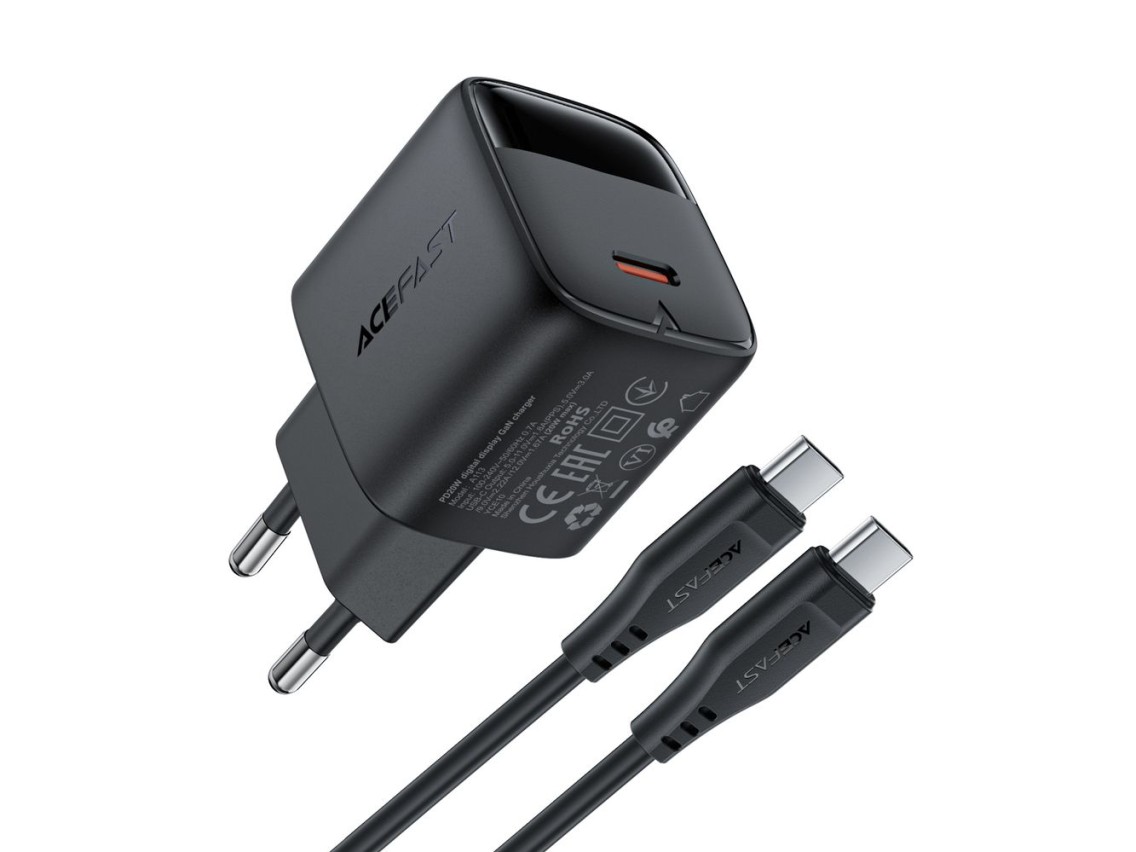 Carregador de parede Acefast A113 GaN PD 20W USB-C com visor e cabo USB-C - Preto