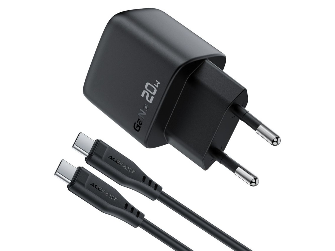 Carregador de parede Acefast A113 GaN PD 20W USB-C com visor e cabo USB-C - Preto