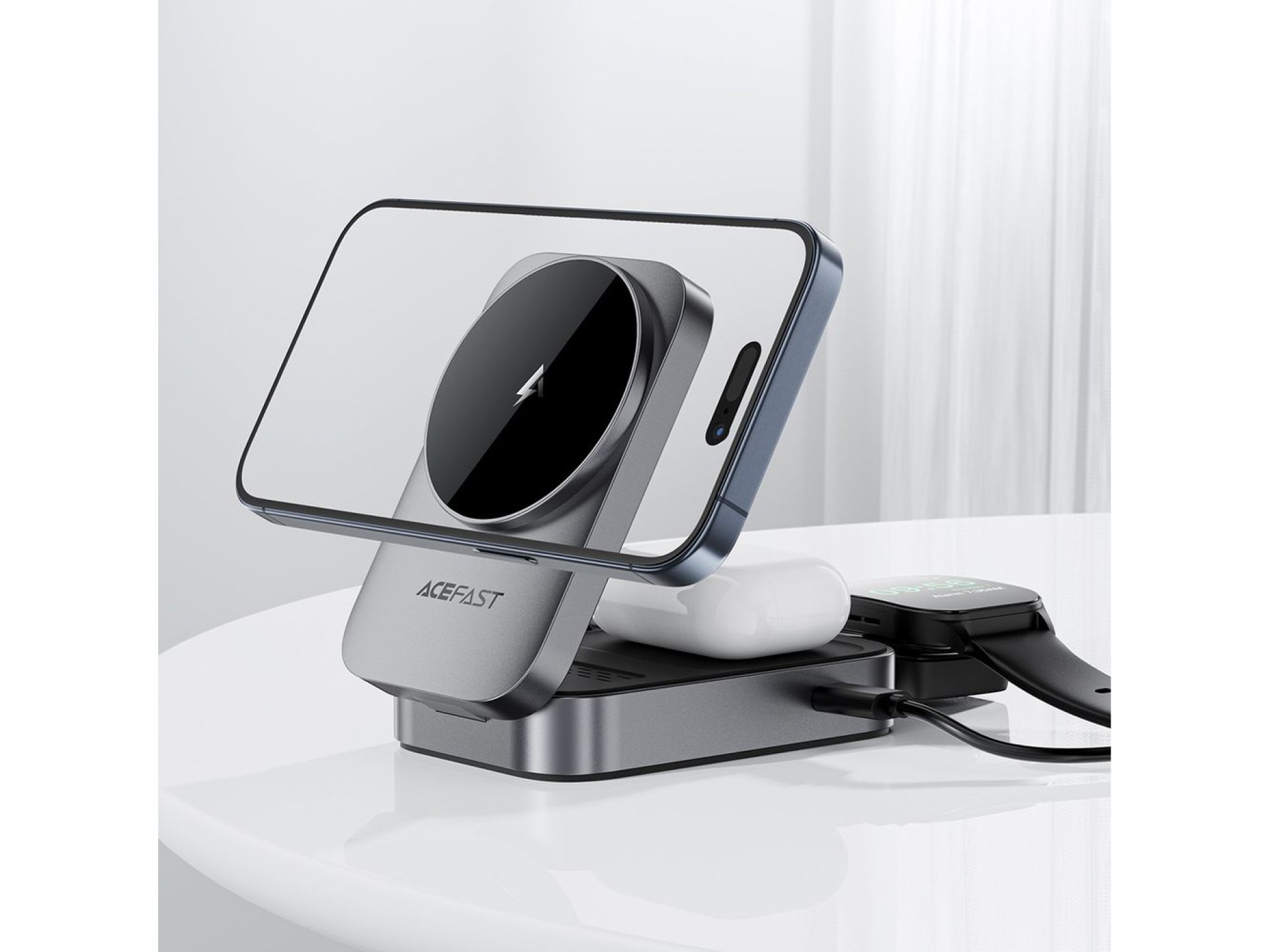 Acefast E22 3-in-1 Wireless Inductive Charging Station, MagSafe Compatible - Gray