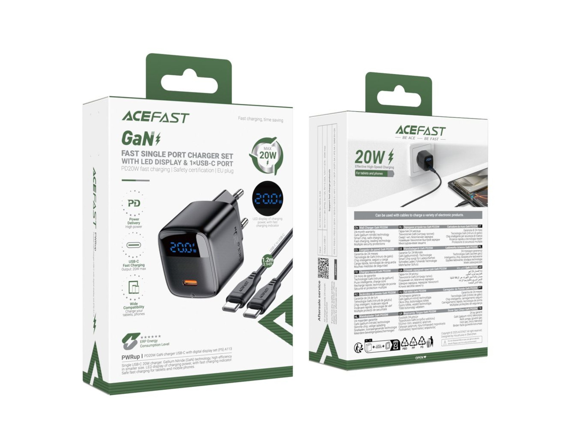 Carregador de parede Acefast A113 GaN PD 20W USB-C com visor e cabo USB-C - Preto