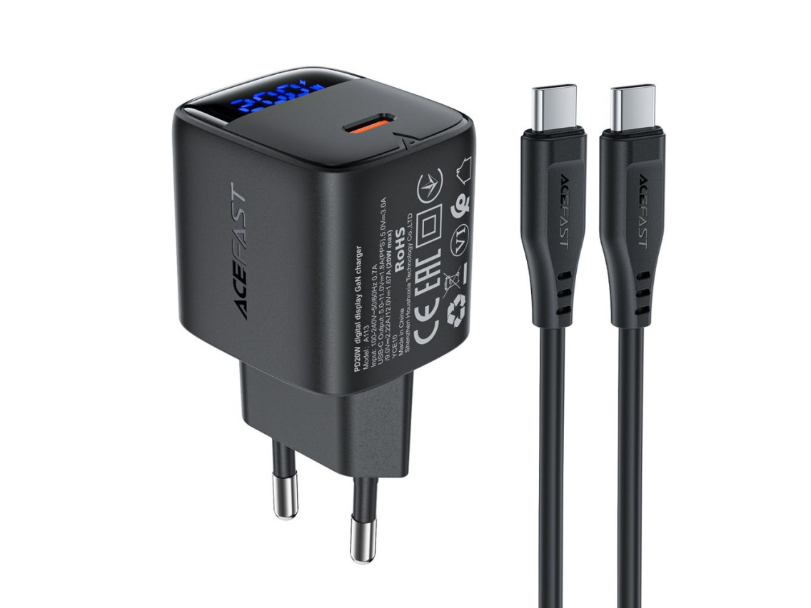 Carregador de parede Acefast A113 GaN PD 20W USB-C com visor e cabo USB-C - Preto