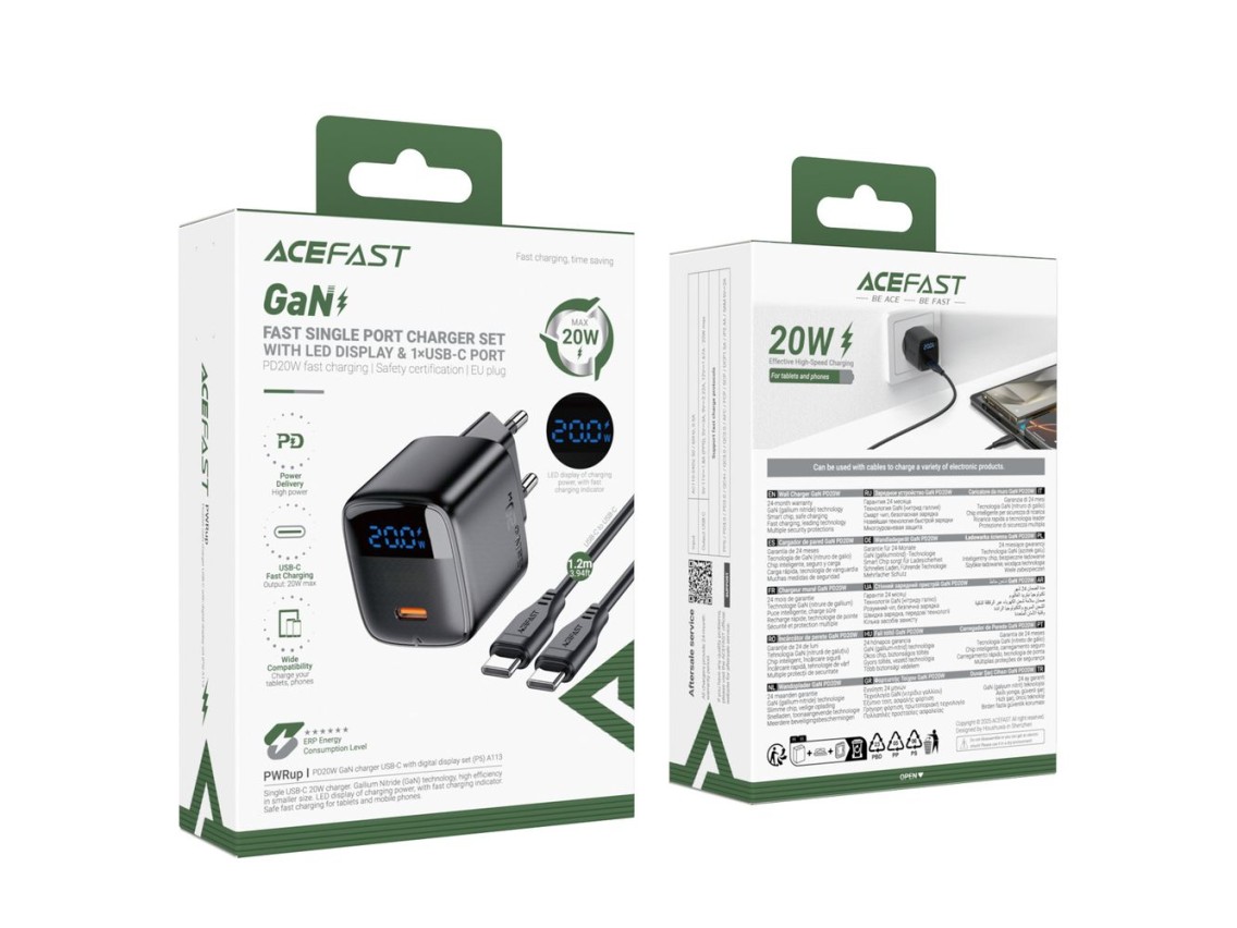 Carregador de parede Acefast A113 GaN PD 20W USB-C com visor e cabo USB-C - Preto