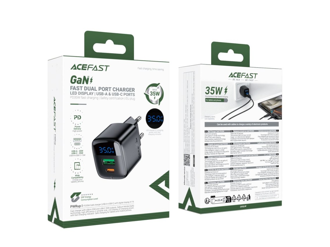 Cargador de pared Acefast A116 GaN PD de 35 W con USB-A y USB-C con pantalla - Negro