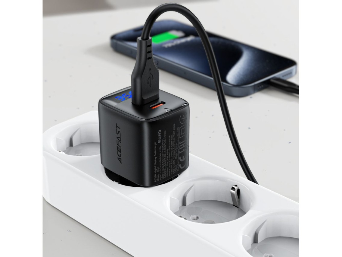 Cargador de pared Acefast A116 GaN PD de 35 W con USB-A y USB-C con pantalla - Negro
