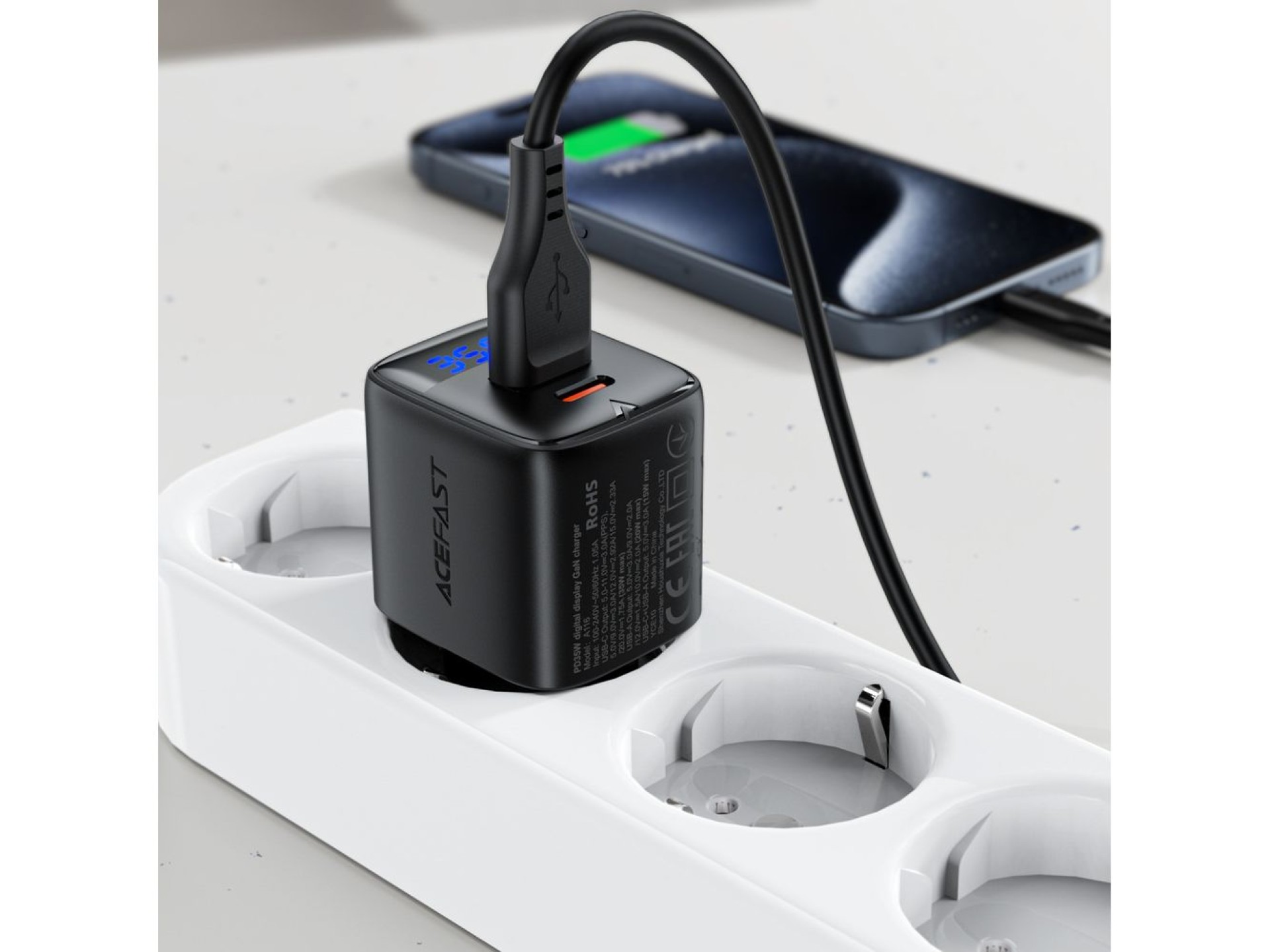 Carregador de parede Acefast A116 GaN PD 35W USB-A USB-C com visor - Preto