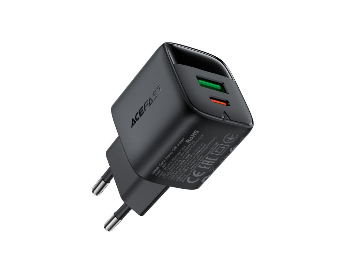 Cargador de pared Acefast A116 GaN PD de 35 W con USB-A y USB-C con pantalla - Negro
