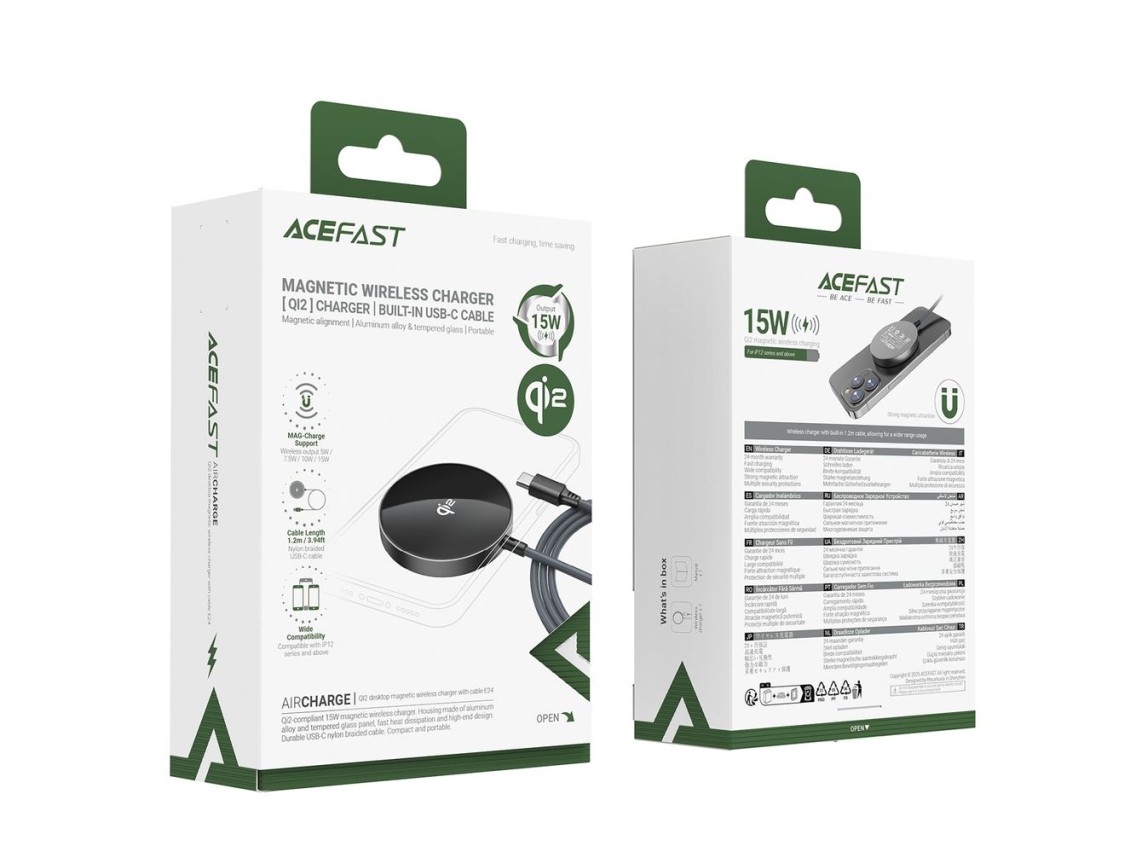 Cargador magnético inductivo Acefast E24 Qi2 de 15 W con cable USB-C de 1,2 m - Negro