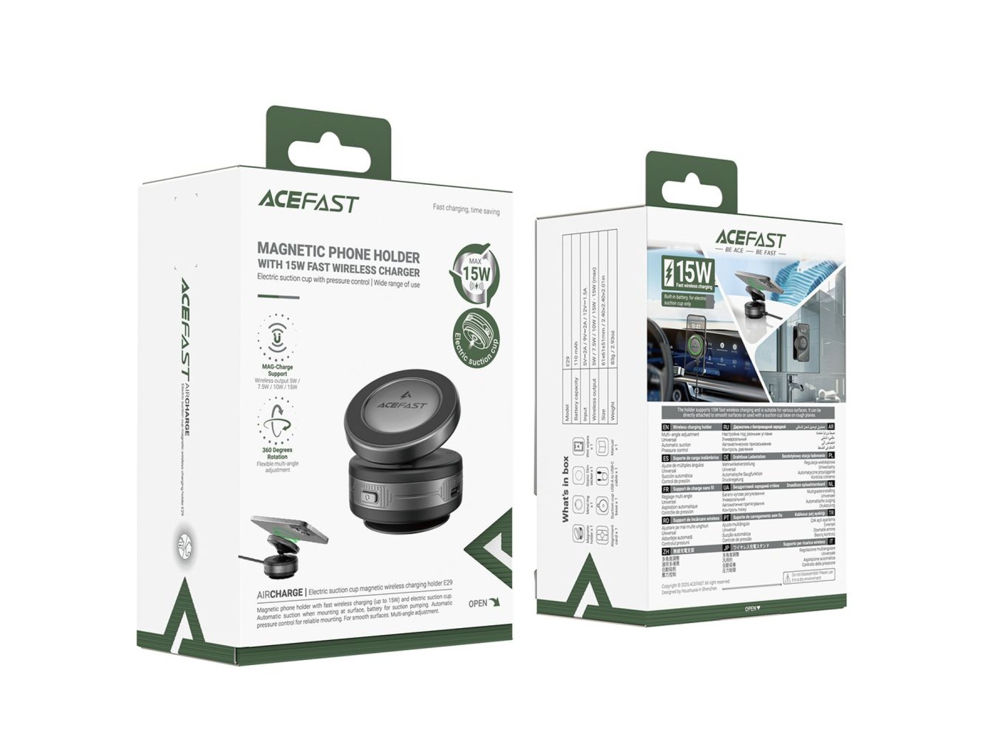 Acefast E29 Magnetic Holder with Wireless Charger with Suction Cup for Dashboard/Windshield - Black