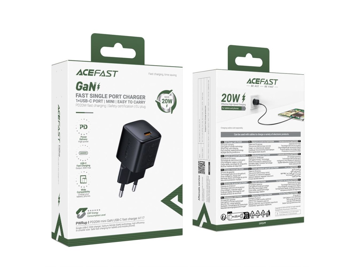 Carregador de parede USB-C Acefast A117 GaN PD 20W - Preto