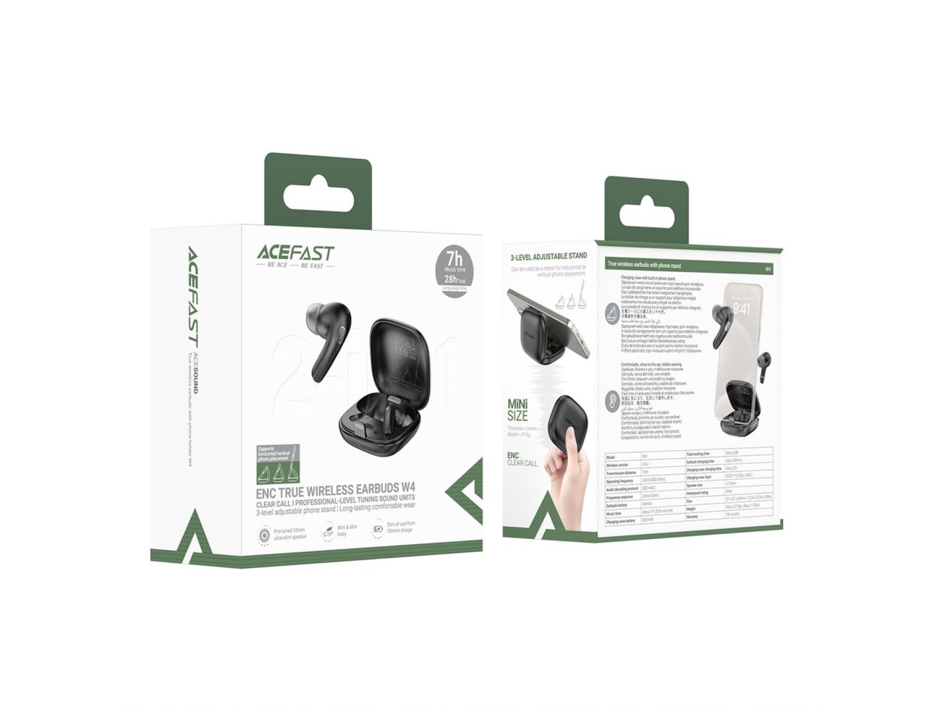 Fones de ouvido intra-auriculares sem fio Acefast W4 TWS com função de suporte para celular - preto