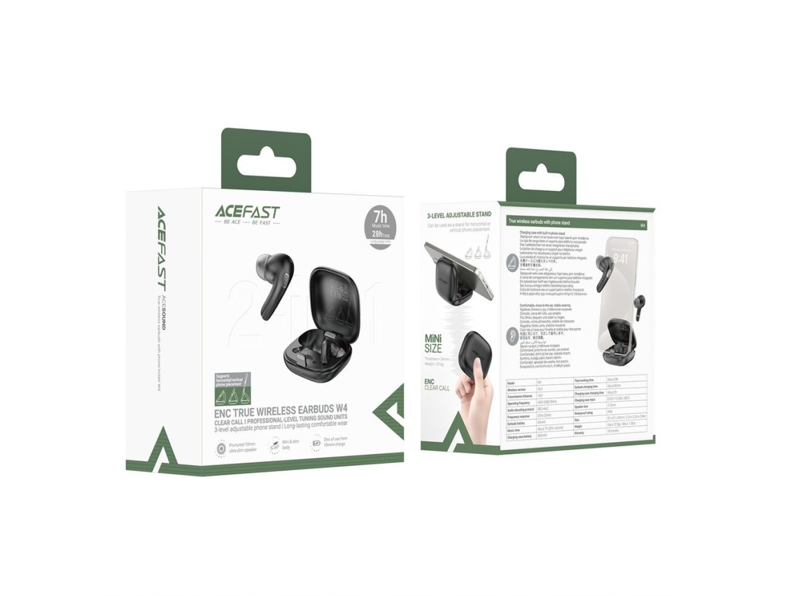 Fones de ouvido intra-auriculares sem fio Acefast W4 TWS com função de suporte para celular - preto