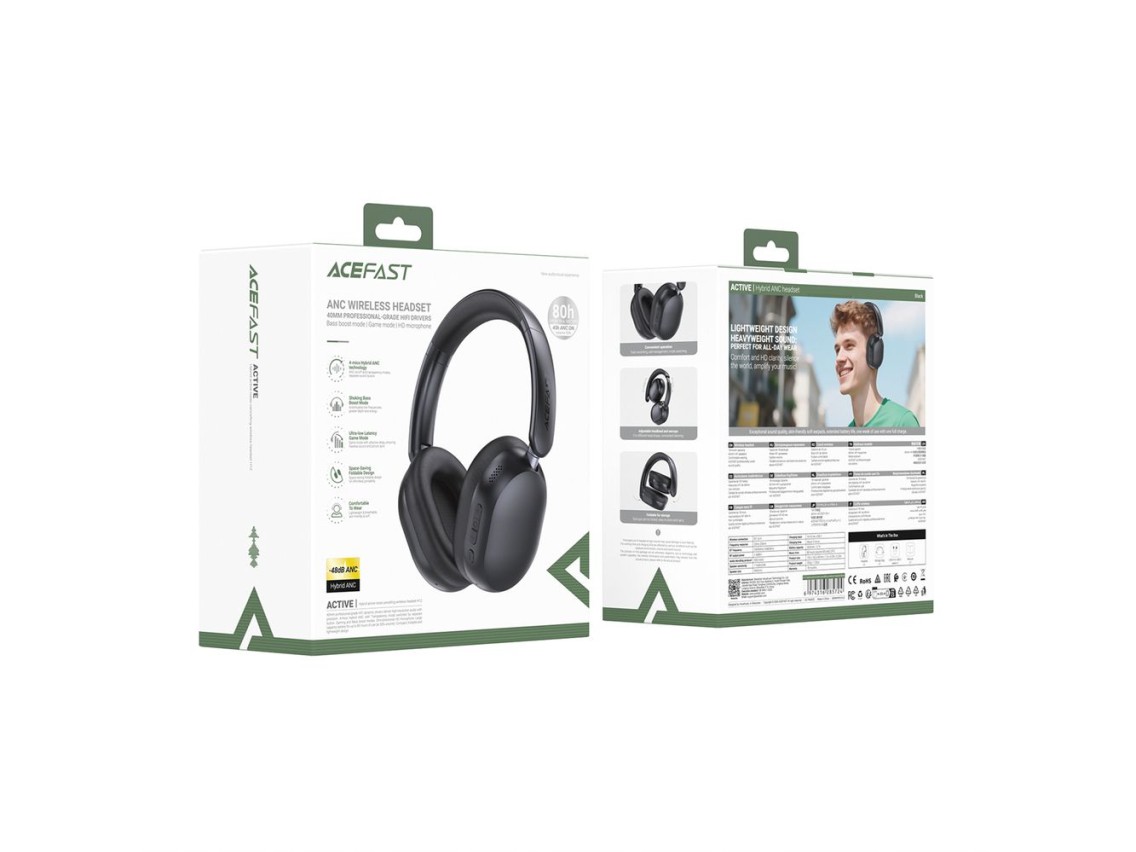 Fones de ouvido sem fio Acefast H12 com Bluetooth 5.4 e cancelamento de ruído ativo - Preto