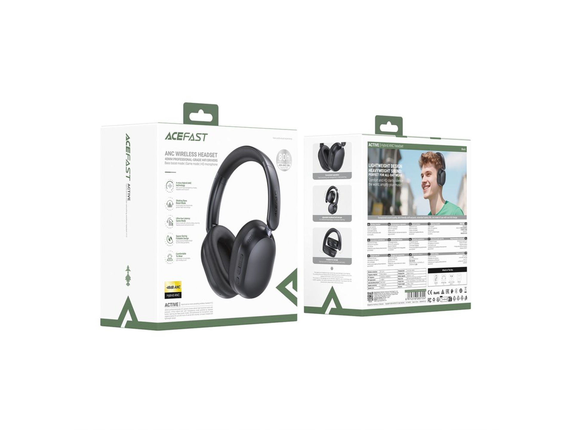 Fones de ouvido sem fio Acefast H12 com Bluetooth 5.4 e cancelamento de ruído ativo - Preto