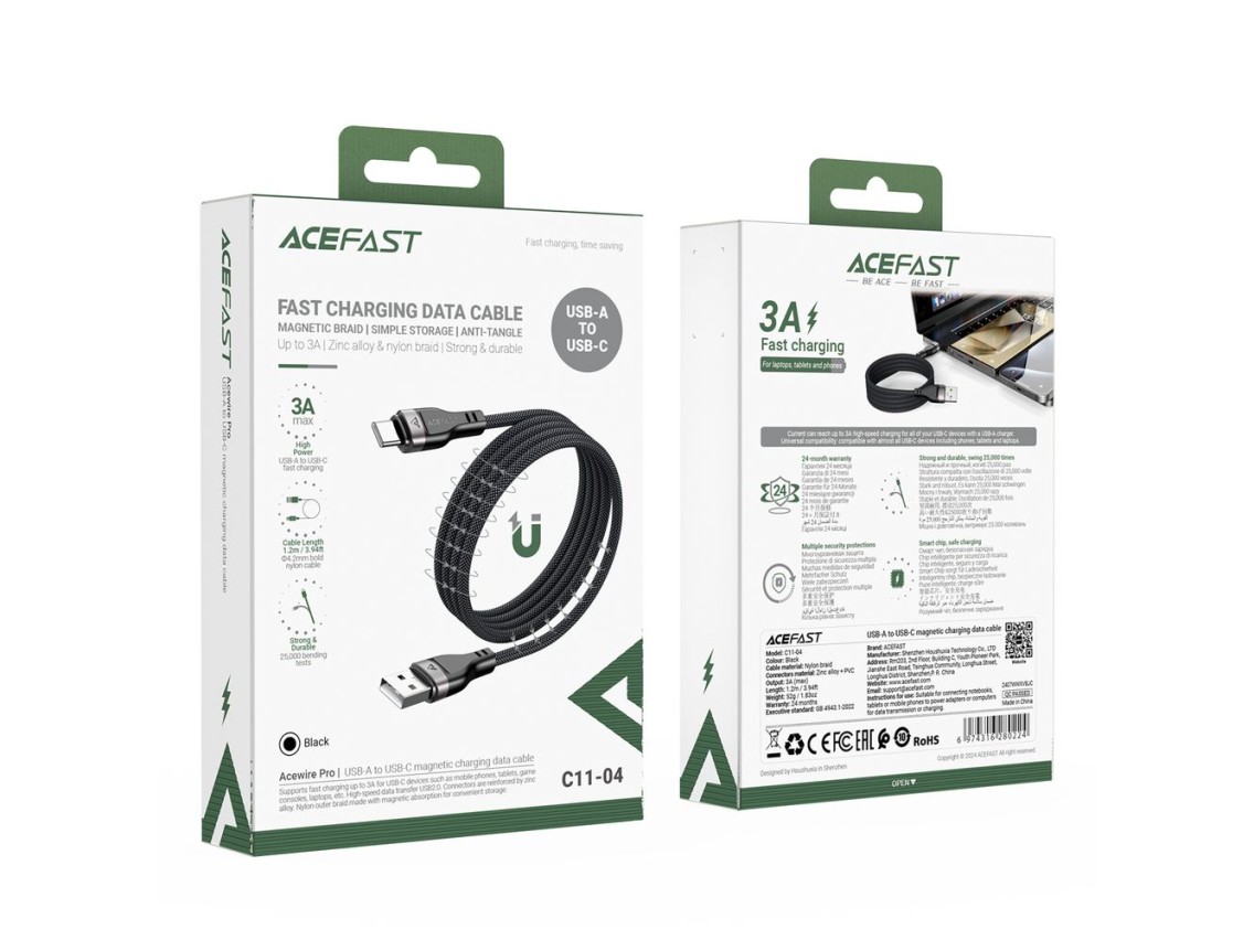 Cable Acefast C11-04 USB-A - USB-C 3A de 1,2 m con trenzado magnético - Negro