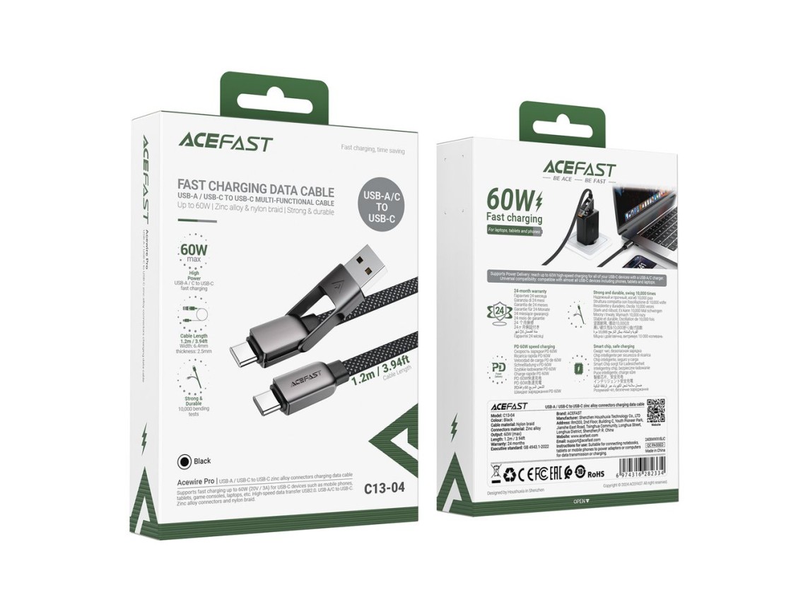 Cable USB-C Acefast C13-04 - USB-A / USB-C 480Mb/s 3A 1.2m - Negro